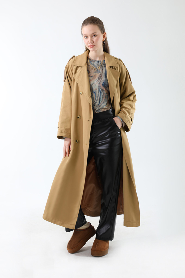 Apolet Detaylı Uzun Trenç Camel