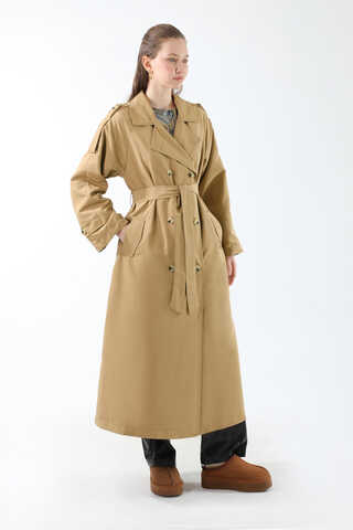 Apolet Detaylı Uzun Trenç Camel - 8