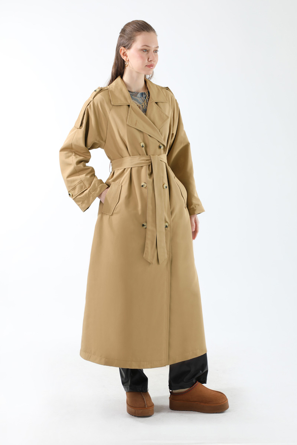 Apolet Detaylı Uzun Trenç Camel - 8