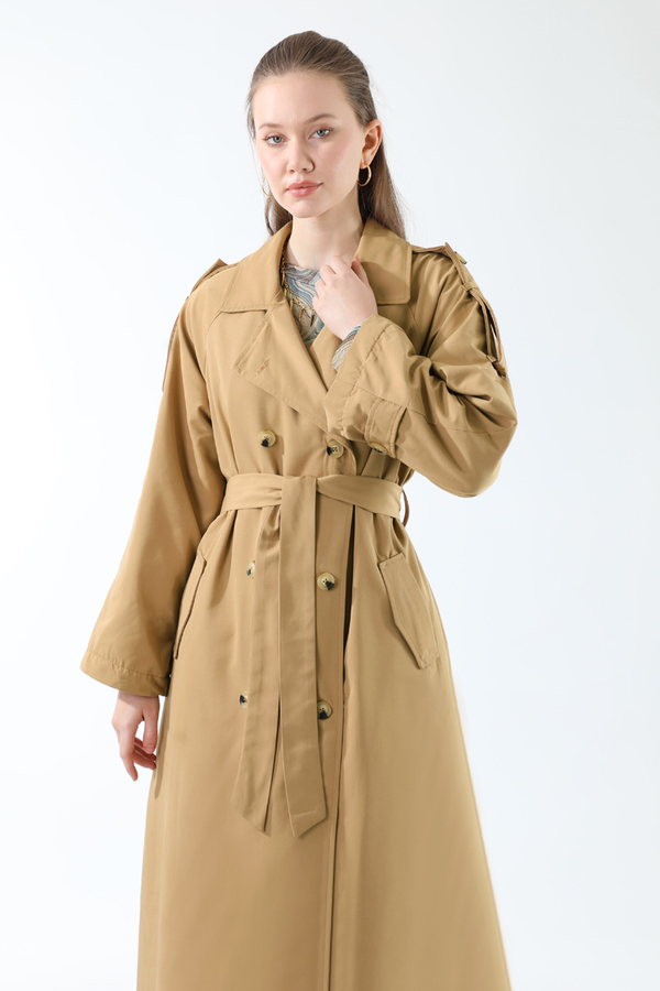 Apolet Detaylı Uzun Trenç Camel - 2