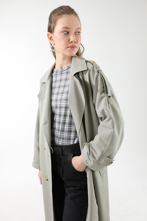 Apolet Detaylı Uzun Trenç Gri - 3