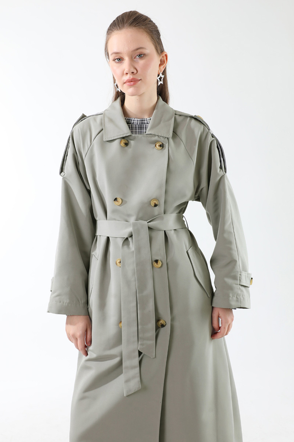 Apolet Detaylı Uzun Trenç Gri - 6