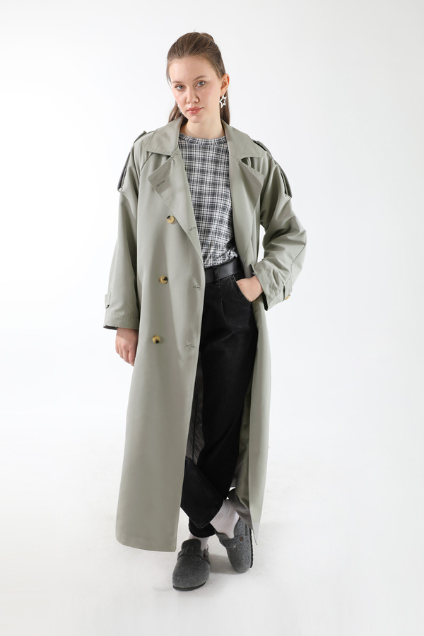 Apolet Detaylı Uzun Trenç Gri - 4