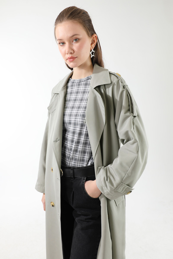 Apolet Detaylı Uzun Trenç Gri - 2