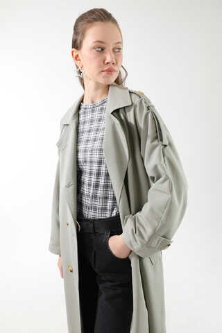 Apolet Detaylı Uzun Trenç Gri - 3