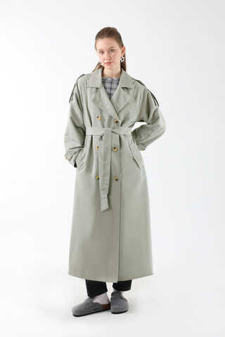 Apolet Detaylı Uzun Trenç Gri - 1