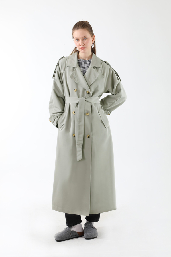 Apolet Detaylı Uzun Trenç Gri - 1