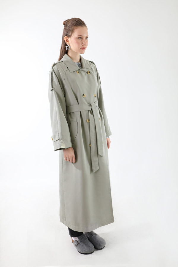 Apolet Detaylı Uzun Trenç Gri - 5