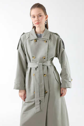 Apolet Detaylı Uzun Trenç Gri - 6