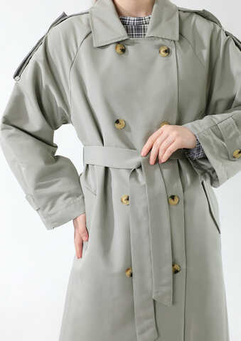 Apolet Detaylı Uzun Trenç Gri - 7