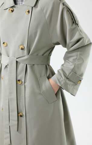 Apolet Detaylı Uzun Trenç Gri - 9