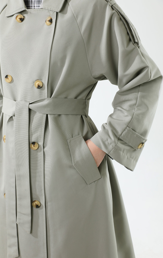 Apolet Detaylı Uzun Trenç Gri - 9