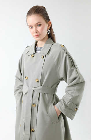 Apolet Detaylı Uzun Trenç Gri - 10