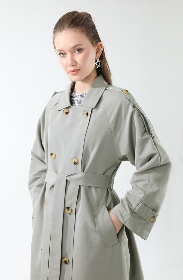 Apolet Detaylı Uzun Trenç Gri - 10