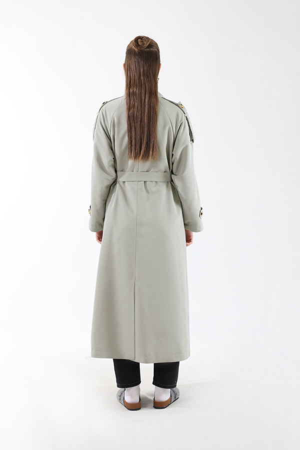 Apolet Detaylı Uzun Trenç Gri - 11