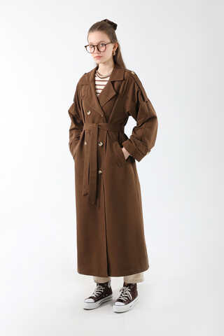 Apolet Detaylı Uzun Trenç Kahverengi - 1