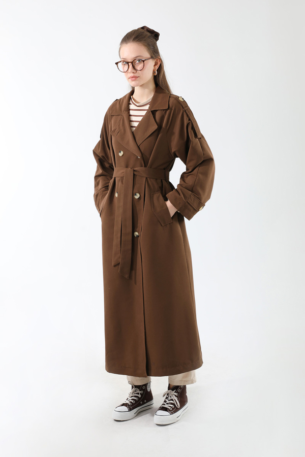 Apolet Detaylı Uzun Trenç Kahverengi - 1