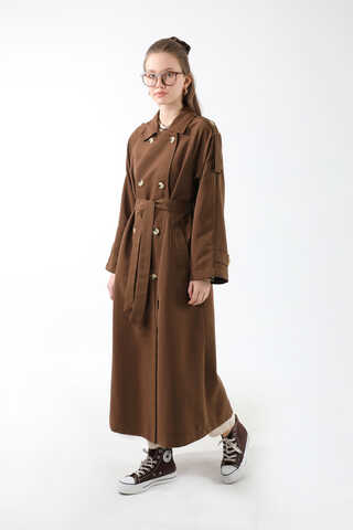 Apolet Detaylı Uzun Trenç Kahverengi - 2