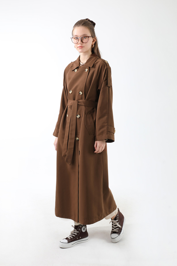 Apolet Detaylı Uzun Trenç Kahverengi - 2