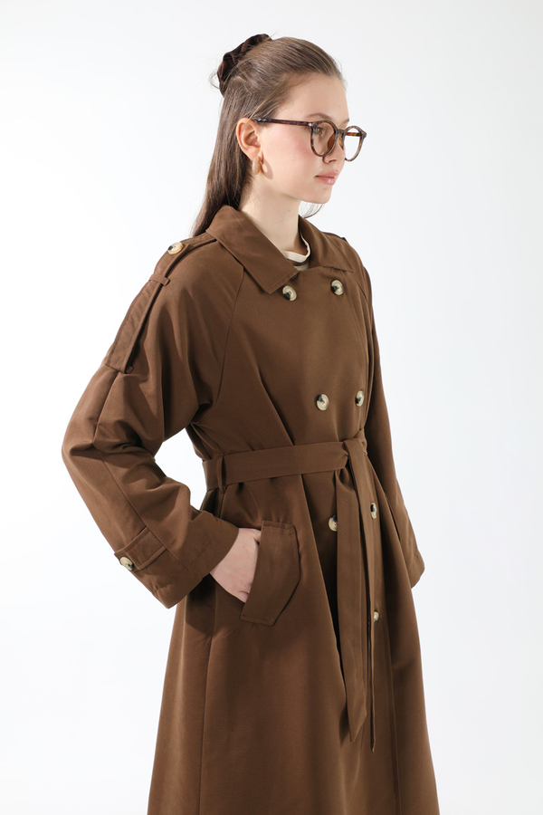 Apolet Detaylı Uzun Trenç Kahverengi - 3