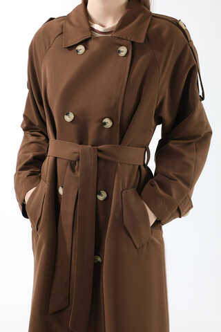 Apolet Detaylı Uzun Trenç Kahverengi - 4