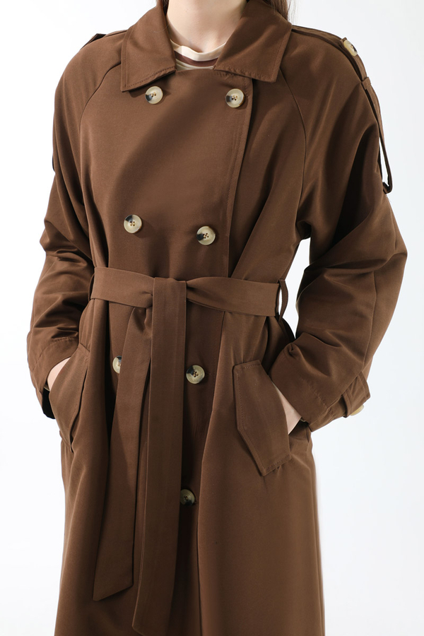 Apolet Detaylı Uzun Trenç Kahverengi - 4