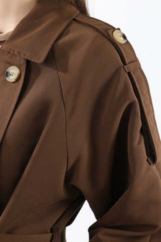 Apolet Detaylı Uzun Trenç Kahverengi - 5