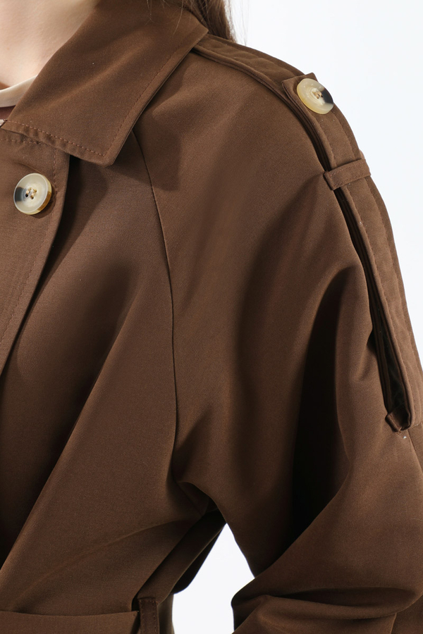 Apolet Detaylı Uzun Trenç Kahverengi - 5