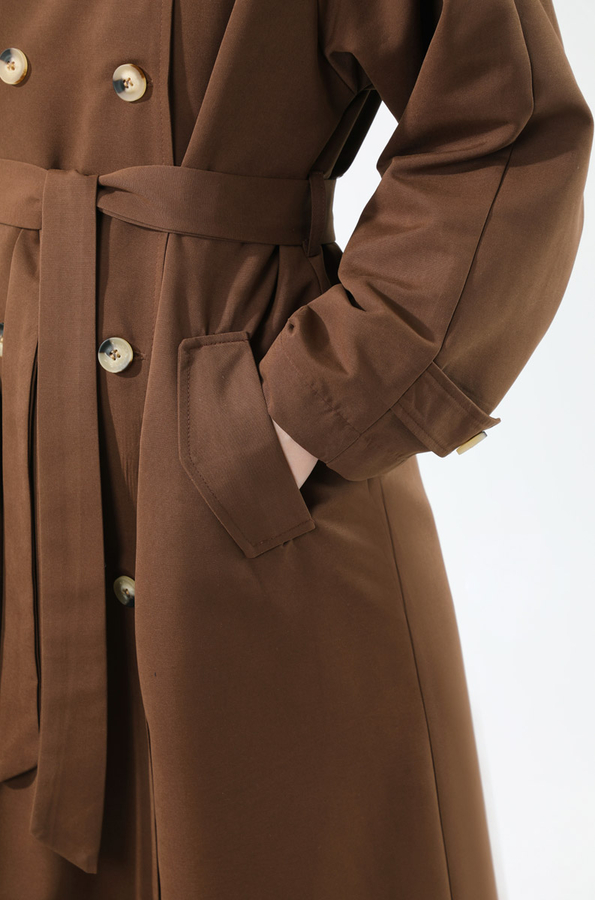 Apolet Detaylı Uzun Trenç Kahverengi - 6