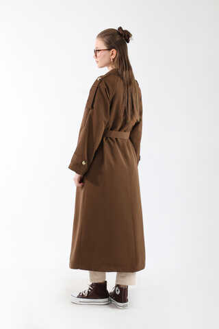 Apolet Detaylı Uzun Trenç Kahverengi - 11