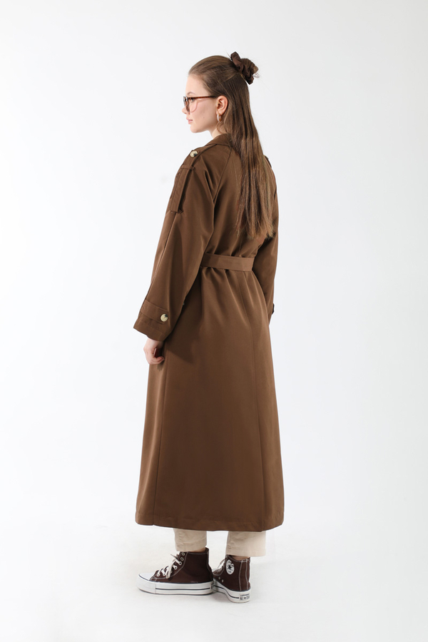 Apolet Detaylı Uzun Trenç Kahverengi - 11