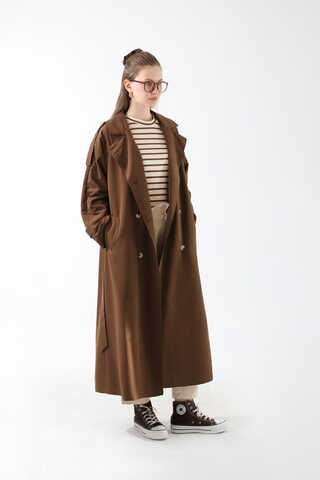 Apolet Detaylı Uzun Trenç Kahverengi - 7