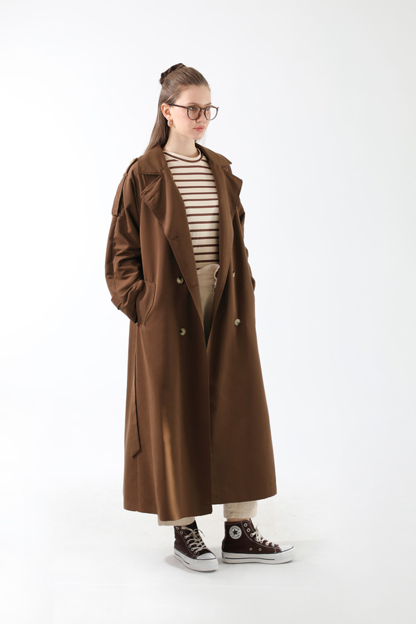 Apolet Detaylı Uzun Trenç Kahverengi - 7