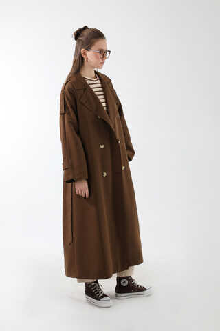 Apolet Detaylı Uzun Trenç Kahverengi - 8