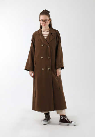 Apolet Detaylı Uzun Trenç Kahverengi - 9