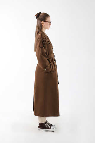 Apolet Detaylı Uzun Trenç Kahverengi - 10