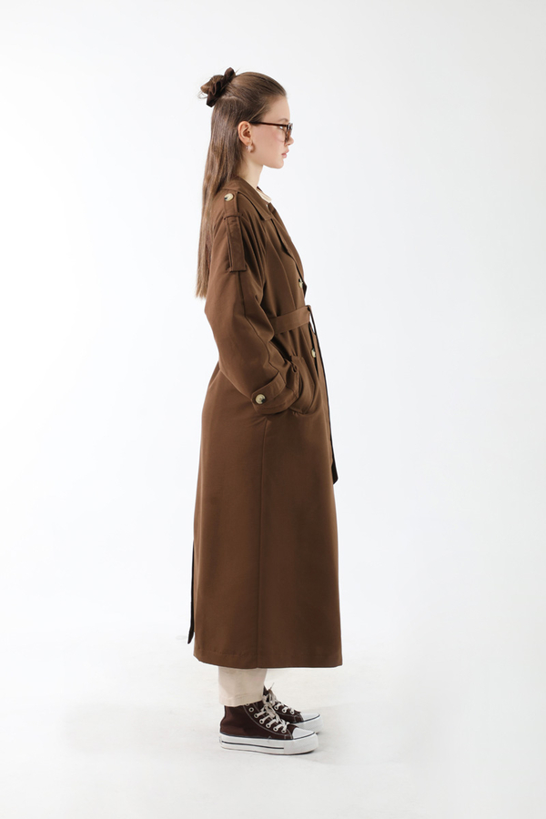 Apolet Detaylı Uzun Trenç Kahverengi - 10