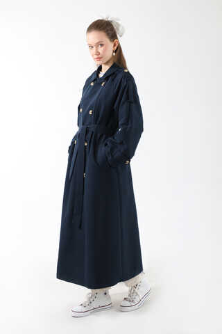 Apolet Detaylı Uzun Trenç Lacivert - 1