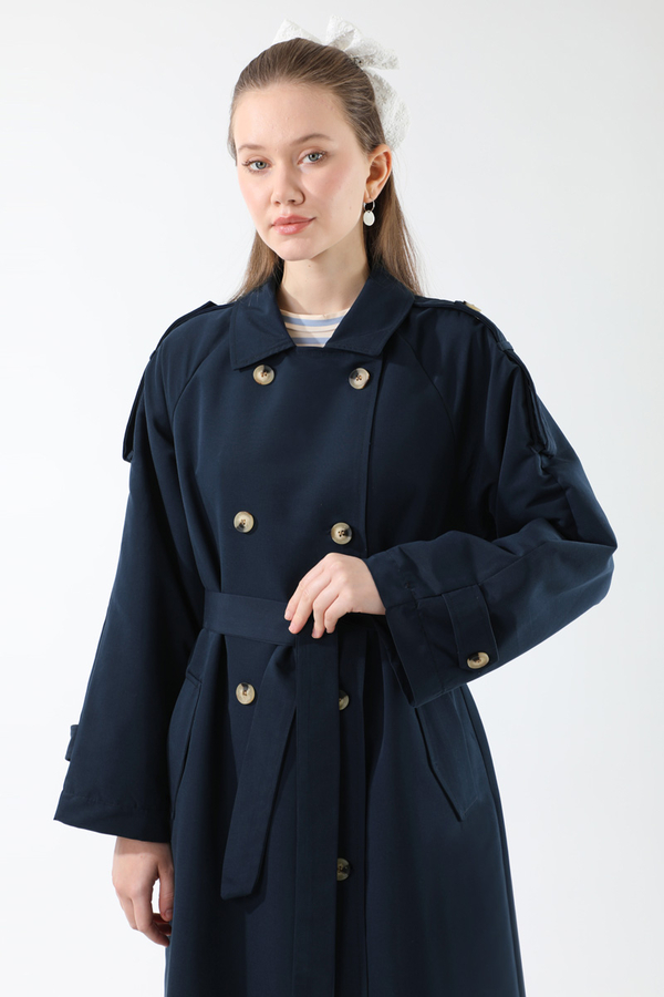 Apolet Detaylı Uzun Trenç Lacivert - 12