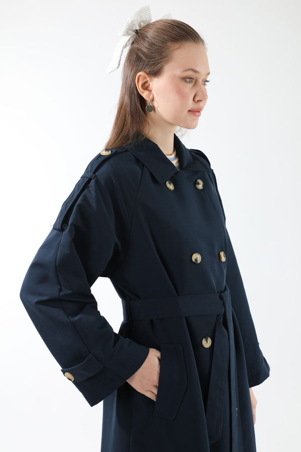 Apolet Detaylı Uzun Trenç Lacivert - 7