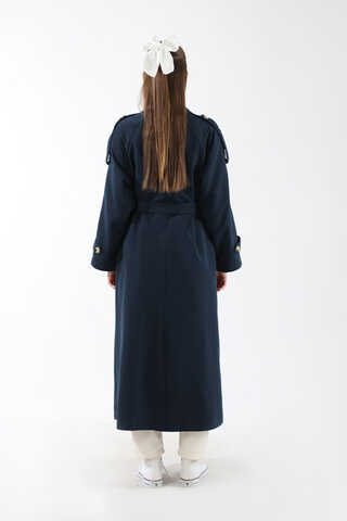 Apolet Detaylı Uzun Trenç Lacivert - 14