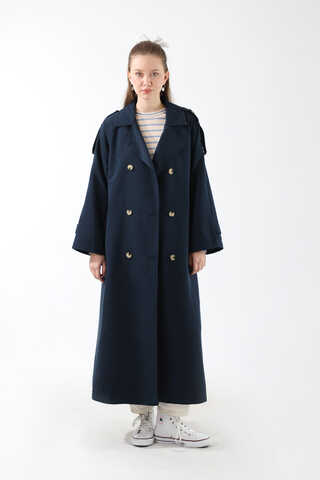 Apolet Detaylı Uzun Trenç Lacivert - 2