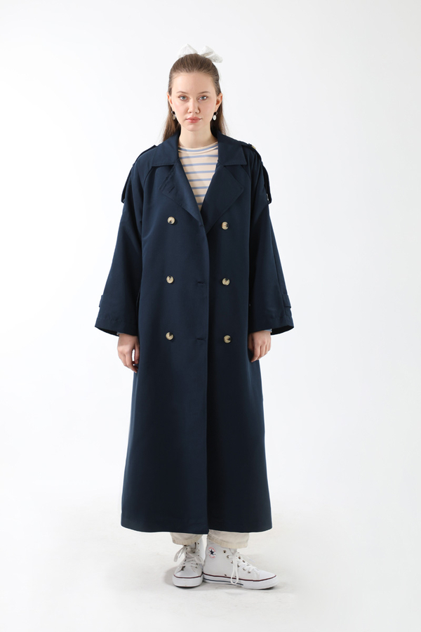 Apolet Detaylı Uzun Trenç Lacivert - 2