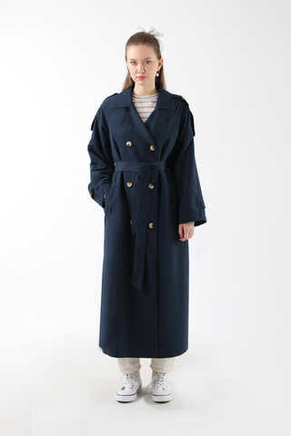 Apolet Detaylı Uzun Trenç Lacivert - 13