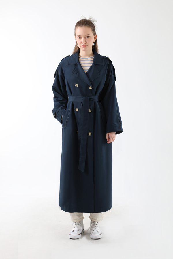 Apolet Detaylı Uzun Trenç Lacivert - 13