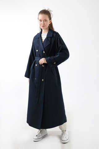 Apolet Detaylı Uzun Trenç Lacivert - 4