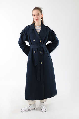 Apolet Detaylı Uzun Trenç Lacivert - 6