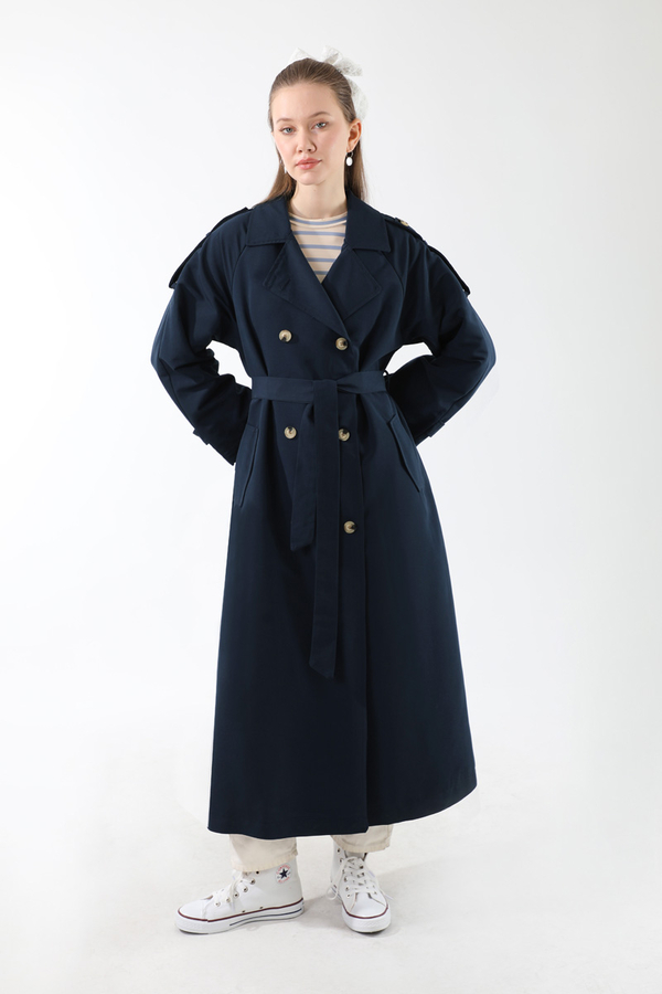 Apolet Detaylı Uzun Trenç Lacivert - 6