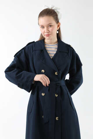 Apolet Detaylı Uzun Trenç Lacivert - 3