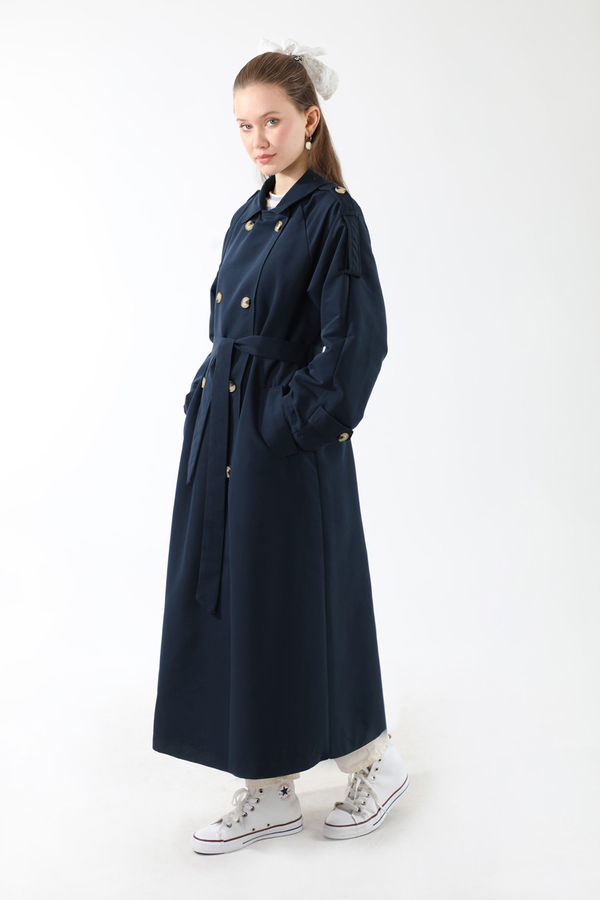 Apolet Detaylı Uzun Trenç Lacivert - 1